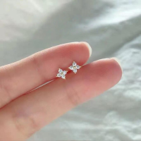 wholesale S925 silver flower earrings for women with inlaid diamond four-leaf clover lucky mini small stud earrings E6147-S925 Silver Gold>925 Silver