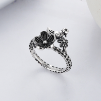 wholesale S925 Sterling Silver Vintage Creative 3D Bird Flower Forest-Style Niche Design Open Adjustable Ring for Women-YJ534/approx. 2.8g>Adjustable opening