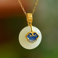 wholesale 925 Sterling Silver with Certificate, Guochao Ancient Style Hetian Jade Cold Enamel Ruyi Necklace, Natural Jade Peace Buckle Pendant-Silver peace buckle pendant (without chain)