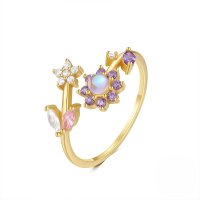 wholesale S925 Sterling Silver Floral Love Open Ring With Zircon And Opal, Korean Style Luxury Ins Small Trendy Index Finger Ring-Gold #8 Opening adjustable