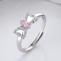 wholesale S925 Sterling Silver Korean Japanese Ins Sweet Style Cute Bow Pink Diamond Ring Adjustable Open Ring for Girls-DJ1181/Platinum approx. 2.7g &gt; Adjustable opening