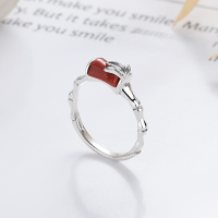 wholesale S925 Sterling Silver Retro Vintage Style Small Red Agate Unique and Elegant Bamboo Joint Minimalist Versatile Ring-YFJ1166/approx. 2.3g Adjustable opening