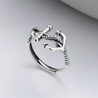 wholesale S925 Sterling Silver Retro Korean-style Geometric Irregular 3D Anchor Design Open Adjustable Ring Unisex-YJ423/approx. 2.6g Adjustable opening