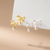 wholesale S925 Sterling Silver Sweet Matte Bow Pearl Stud Earrings, Ins Style Exquisite Spring Atmosphere Earrings M0650-S925 silver pair silver 925 silver