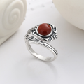 wholesale S925 Sterling Silver Retro Auspicious Ruyi Shank Creative Inlay Southern Red Elegant Adjustable Ring-0-0