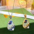 wholesale S925 Sterling Silver Chalcedony Drop Enamel Pearl Butterfly Necklace Fashion National Trend Style Niche Design Collarbone-0-1