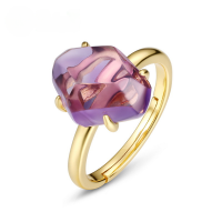 wholesale S925 Sterling Silver Gold-Plated, Japanese and Korean Minimalist Elegant Amethyst Ring, Fashionable and Popular Irregular Ring for Wholesale and Customization-Natural pink amethyst Adjustable opening