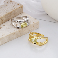 wholesale S925 Sterling Silver Double-Layer Hollow Open Ring with Yellow Square Zircon, Gentle and Luxurious Style-D194/Gold color Approx. 5.7g &gt; Opening adjustable