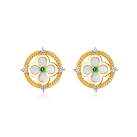 wholesale S925 Sterling Silver Gold-Plated Four-Leaf Clover Jadeite Stud Earrings, Women's Small and Chic Earrings Wholesale, New Chinese Style Fashion Trend-10K gold + swimming paint  925 silver
