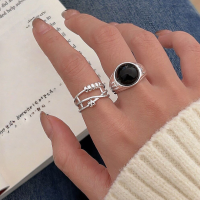 wholesale S925 Sterling Silver Oval Black Agate Open Adjustable Ring for Women, Small and Chic, Ins Trendy, Versatile, Heavy Duty, High-End Sense Ring-Geometric beaded style (open + full body sterling silver)