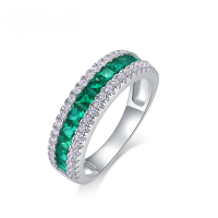 wholesale 925 Sterling Silver Wholesale Cross-border New Fashion Versatile Light Luxury Style Lab-grown Emerald Ring with Full Diamond Setting-Nano Green Zirconium>HK13#