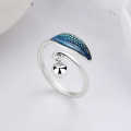 wholesale S925 Sterling Silver Blue Resin Morning Dew Leaf Small Bead Pendant Adjustable Ring, Unique Niche Index Finger Ring-0-1