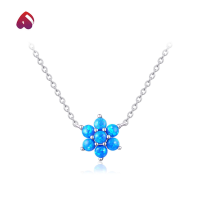 wholesale 925 Silver Japanese Cute Flower Synthetic Opal Necklace, Blue Opal Gemstone Versatile Jewelry Necklace-5A Blue Opal Blue with cross-stitched chain // Total length (16+2) inches