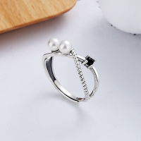 wholesale S925 Sterling Silver Retro Vintage Style Twist Cross Pearl Accented Black Zircon Open Adjustable Ring for Women-YFJ439/approx. 2.2g Adjustable opening