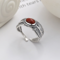 wholesale S925 Sterling Silver Antique Craft Feather Inlaid with South Red Agate Openable Ring Retro Chinese Trendy Style Index Finger Ring-0-1