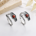 wholesale S925 Sterling Silver Retro Antique Chinese Style Lotus Flower and Leaf Nanhong Inlaid Adjustable Open Ring with Design Appeal-0-0