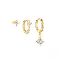 wholesale S925 Sterling Silver Zircon-inlaid Geometric Earring Set, Enamel Octagram Ear Cuffs-Set of 3 - Gold#1 925 Silver