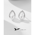 wholesale S925 Sterling Silver Light Luxury Niche Pearl Earrings for Women, Teardrop-shaped with Diamond-inlaid Zirconia Jewelry-0-0