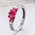 wholesale S925 Sterling Silver Ethnic Style Creative Resin Enamel Lotus Relief Design Six-Character Mantra Adjustable Index Finger Ring-0-1