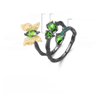 wholesale 925 Silver Secret Garden Series Original Design Ring Natural Style Butterfly with Natural Diopside-Natural Green Agate Ring  US Size 7