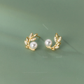 wholesale S925 sterling silver synthetic pearl diamond-encrusted leaf earrings in an ins style, model M03953-0-2