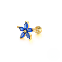 wholesale S925 Sterling Silver Stylish Five-petal Flower Colorful Zircon Accent Threaded Ear Stud-Gold-Single-Blue Diamond
