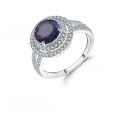 wholesale S925 Sterling Silver Fashion Luxury Round Natural Sapphire Ring for Women, European and American Retro Style Personality Gemstone Ring-0-0