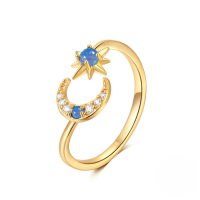 wholesale S925 Sterling Silver Adjustable Stackable Star And Moon Opal Necklace And Ring Set-Gold-Open Ring 925 Silver