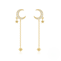 wholesale S925 Sterling Silver Long Tassel Bow Tie Crystal Earrings With Star And Moon-Gold#1 925 Silver