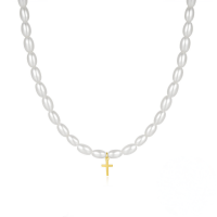 wholesale 925 Sterling Silver New Mini Rice Pearl Choker With Zircon Cross Pendant-Gold#2 925 Silver