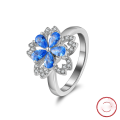 wholesale S925 Sterling Silver Ring, Light Luxury Rotating Flower Ring with 5A White Zircon and Blue High-Carbon Diamond-0-0
