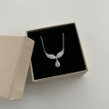 wholesale S925 Sterling Silver New European and American Women's Necklace with Wing Design, Fully Set with Cubic Zirconia, Teardrop Pink Diamond Pendant-0-1