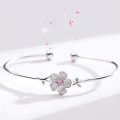 wholesale S925 Silver Cherry Blossom Bracelet for Women, Korean Style Bohemian Personality Artistic Pink Flower Open Bangle-0-0