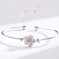 wholesale S925 Silver Cherry Blossom Bracelet for Women, Korean Style Bohemian Personality Artistic Pink Flower Open Bangle-xb930-white gold opening
