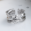wholesale S925 Sterling Silver Irregular Small-Chic Style Hammered Textured Concave-Convex Wide Open Adjustable Ring, Trendy Euro-American Look-0-1