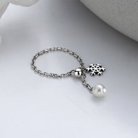 wholesale S925 Sterling Silver Korean-style Creative Snowflake Pearl Interlocking Chain Adjustable Ring for Women-YFJ430/approx. 1.3 g Chain adjustment