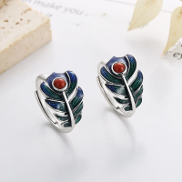 wholesale S925 sterling silver retro palace-style creative resin enamel feather-shaped ring inlaid with southern red agate-916JM/polished about 3.3g>Opening adjustable