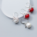 wholesale S925 Sterling Silver Bow Earrings for Women with Inlaid Diamonds and Red/White Synthetic Pearl Beads E8267-0-1