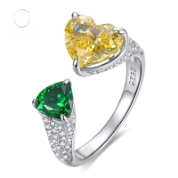 wholesale 18K Gold Jewelry New Yellow Diamond Color-Collision Green Heart Shape 8*10 Ice Flower Cut High Carbon Diamond Ring for Women Luxury Full Diamond-K012 Yellow and Green>Adjustable opening