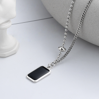 wholesale S925 Sterling Silver Retro Minimalist Distressed Chain Square Pendant Epoxy Black Surface English Trendy Choker Necklace-YL221/approx. 7.4g 925 silver