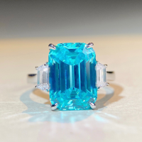 wholesale Platinum Rhodium-Plated 925 Silver Ring, Large Rock Candy Aquamarine Square Emerald Cut, Non-Tarnish Ring for Women-White Diamond-CBJZ124 No.6