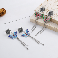 wholesale S925 Sterling Silver Vintage Antique-Finished Fine Craft Resin Enamel Fluttering Butterfly Daisy Fresh and Elegant Earrings-YFR158M/Green Approx. 6.9g 925 Silver