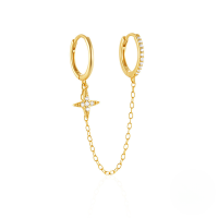 wholesale S925 Sterling Silver Double Hoop Chain Link Four-pointed Star Zircon Accent Drop Earrings-Single gold 925 silver
