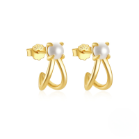 wholesale S925 Sterling Silver C-shaped Hollow Pearl Earrings With Double-layer Ring And Row Of Zircons, Popular In Europe And America, Ins Ear Accessories-Gold#2 925 Silver