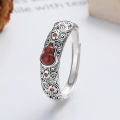 wholesale S925 Sterling Silver Vintage Style Openwork Ring with Red Agate Inlaid Gourd Design for a Fashionable and Personalized Index Finger-0-1