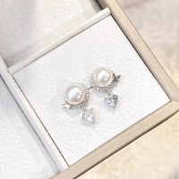 wholesale S925 Sterling Silver Light Luxury Style Love Zircon Freshwater Pearl Ear Studs for Women, French Retro High-End Earrings-Pearl Heart Earrings/Approx. 1.79g&gt;ED022243