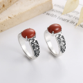 wholesale S925 Sterling Silver 3D Relief Pattern Inlaid with Southern Red Agate Ring, Retro Ethnic Style Index Finger Ring-0-0