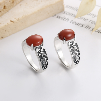 wholesale S925 Sterling Silver 3D Relief Pattern Inlaid with Southern Red Agate Ring, Retro Ethnic Style Index Finger Ring-886FJ/matte approx. 4.6g opening adjustable