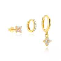 wholesale S925 Sterling Silver Geometric Classic Petal Zircon Accent Hoop Earrings, Luxe Opal-3-piece set - Gold#2 925 silver