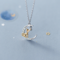 wholesale S925 Silver, Nalan Forest Series Ethereal Crescent Moon Pendant Necklace with Adorable Kitten Accent and Crystal Zirconia, Korean Style Collarbone Chain D7265-0-0